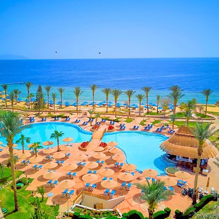 Pickalbatros Royal Grand Sharm - Adults Friendly 16 Years Plus ภายนอก รูปภาพ The photo depicts a picturesque resort scene by the sea. In the foreground, there is a large, inviting swimming pool surrounded by lounge chairs and umbrellas. Palm trees are strategically placed around the pool area, adding to the tropical atmospher