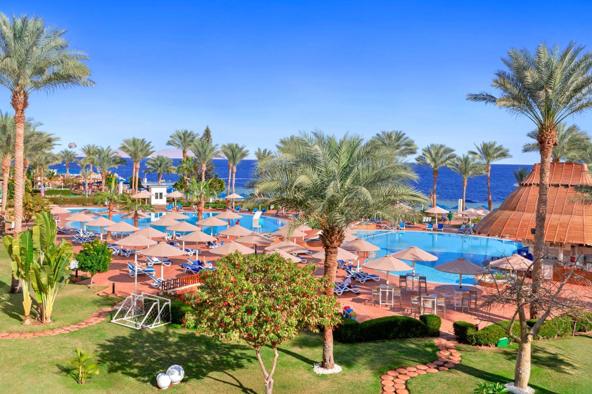 Pickalbatros Royal Grand Sharm - Adults Friendly 16 Years Plus ภายนอก รูปภาพ The photo depicts a tropical resort setting by the sea. It features a large swimming pool surrounded by sun loungers and umbrellas. Lush palm trees are scattered throughout the area, providing shade and a picturesque backdrop. In the background, you 