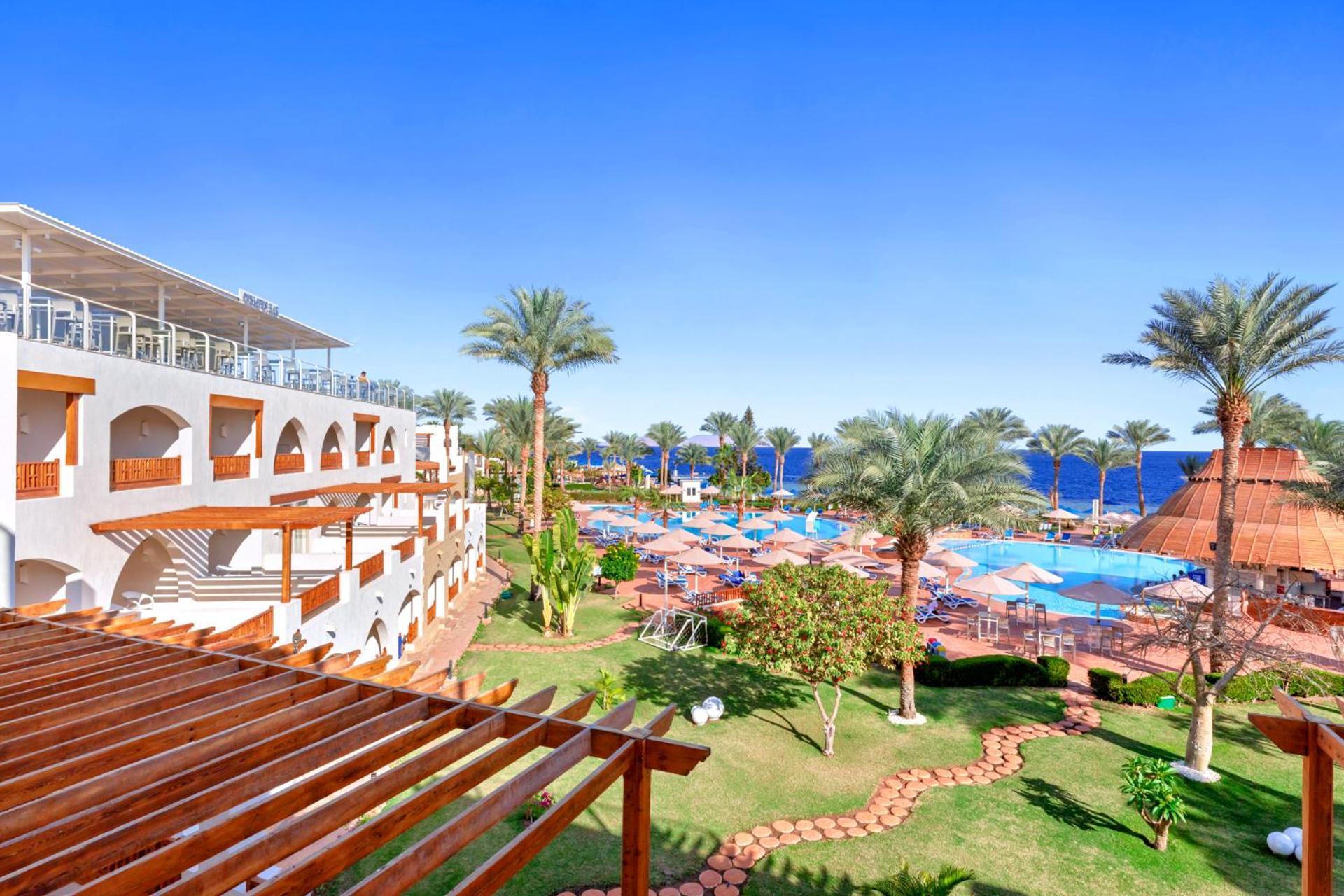 Pickalbatros Royal Grand Sharm - Adults Friendly 16 Years Plus ภายนอก รูปภาพ The photo showcases a beautiful resort setting, featuring several palm trees and a clear blue sky. In the foreground, there's an area with landscaped gardens, including green grass and a stone pathway. The resort buildings, with archways and wooden d